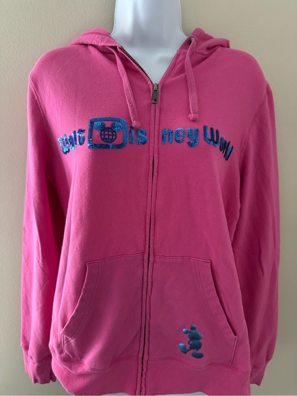 Disney Parks Walt Disney World Pink Sequin Logo Zip Hoodie Medium Y2K